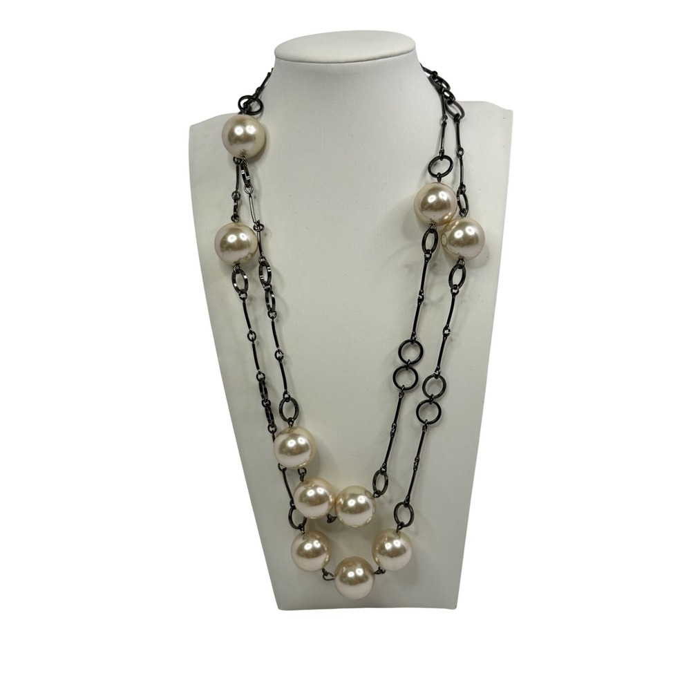 Women Oversized Faux Pearl Gunmetal Link Station Necklace Long Opera Y2K‎ Retro